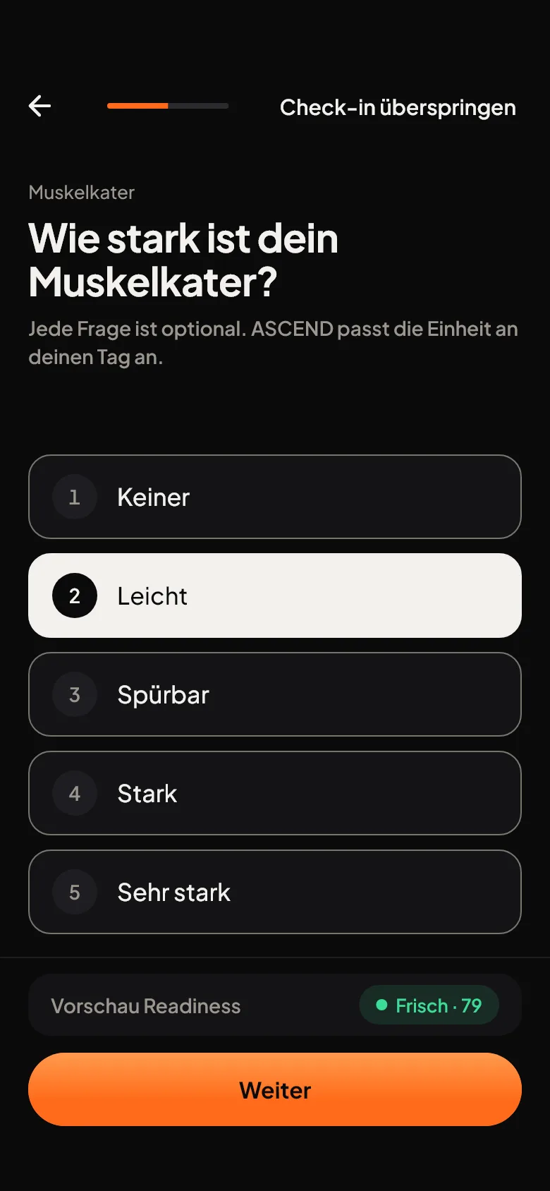Check-in: Wie stark ist dein Muskelkater? Fünf Antworten in Worten, darunter die Vorschau der Readiness.