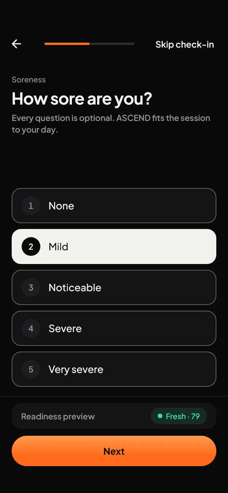 Check-in: How sore are you? Five answers in words, “Mild” selected, below them the readiness preview.