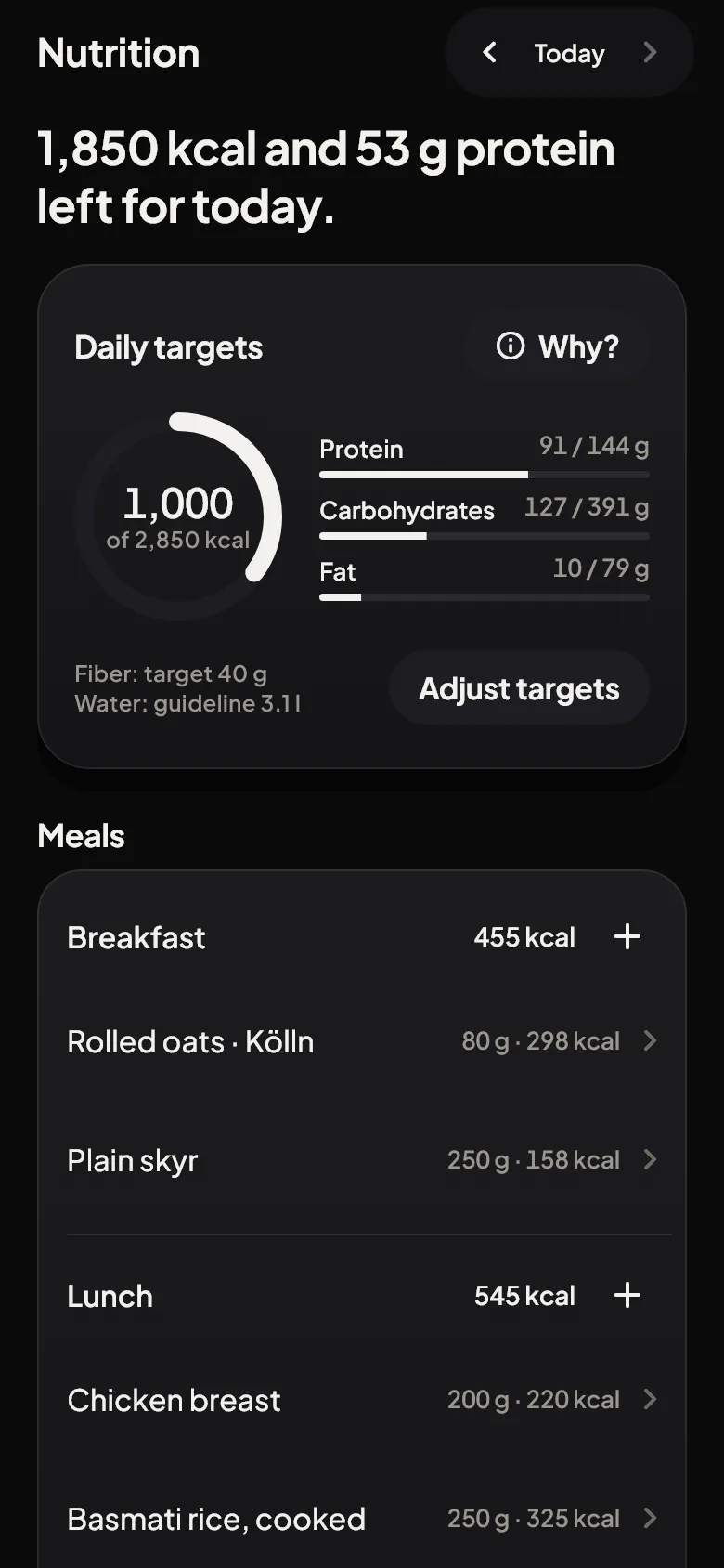 Nutrition: 1,850 kcal and 53 g protein left for today, with daily targets and meals.