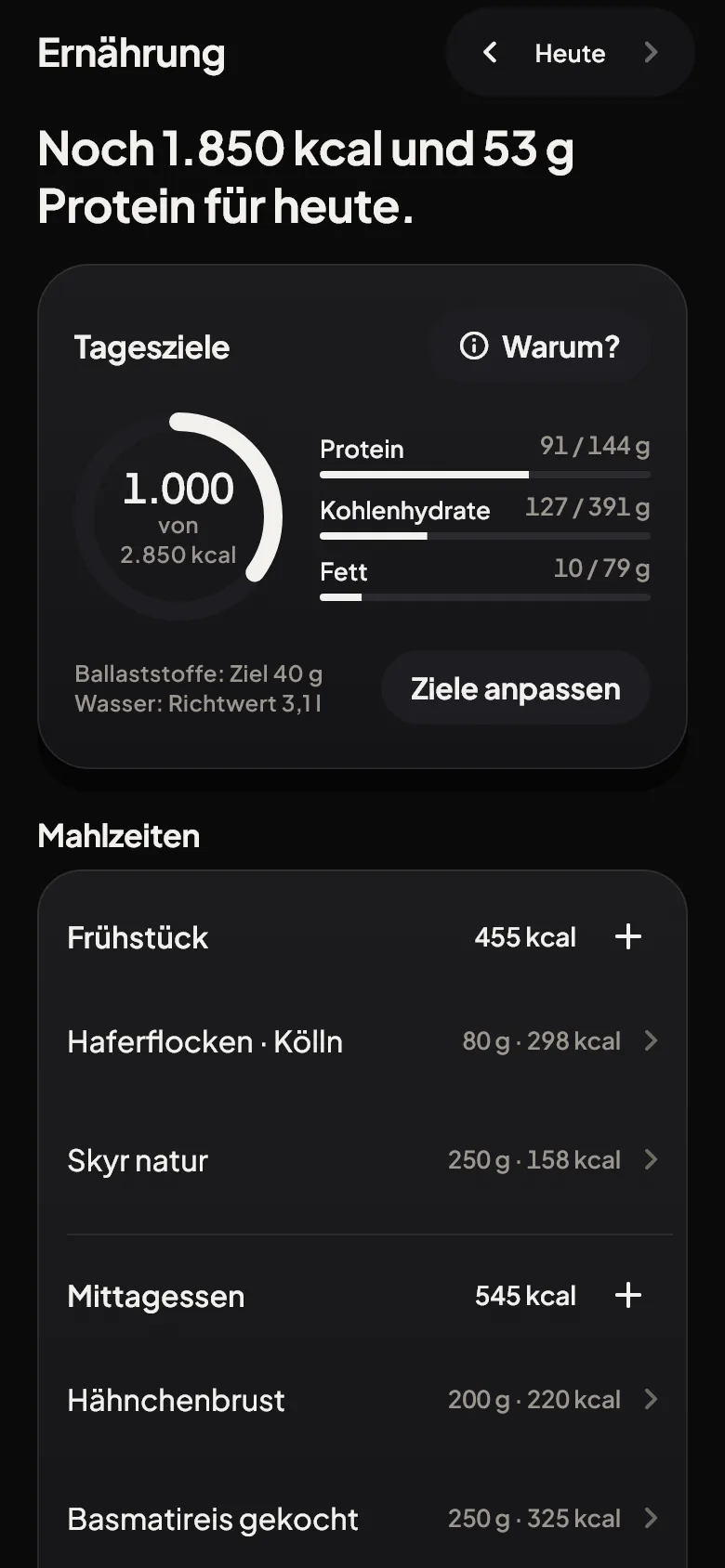 Ernährung: Noch 1.850 kcal und 53 g Protein für heute, mit Tageszielen und Mahlzeiten.